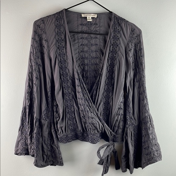 American Eagle Outfitters Gray Wrap Blouse with Lace Eyelet Details Size XS - Picture 2 of 7